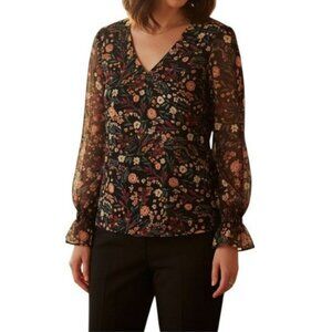 Vince Camuto Floral Print V-Neck Smocked Cuff Blouse Women Size S Feminine